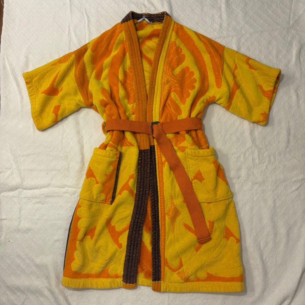 Vintage 70s Terry Cloth Robe Yellow Orange Psychedelic Belted Kimono Towel - Picture 2 of 7